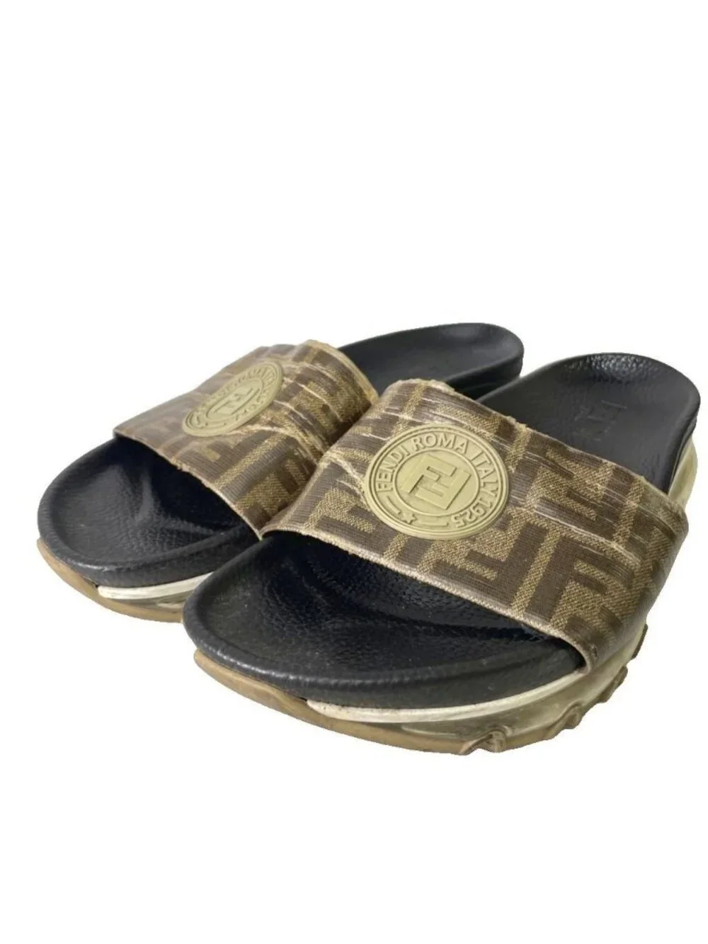 Fendi Slide Sandals Lava Logo Zucca Pattern 8 Brown